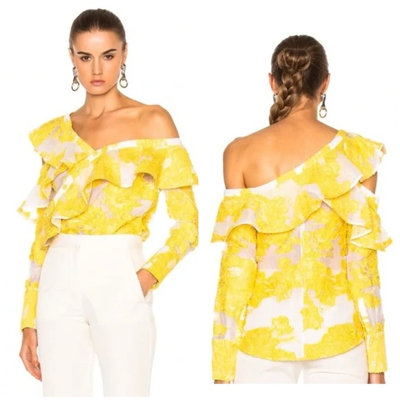 $460 Self-Portrait Embroidered Floral Fil Coupe Asymmetrical Ruffled Blouse - Picture 2 of 7